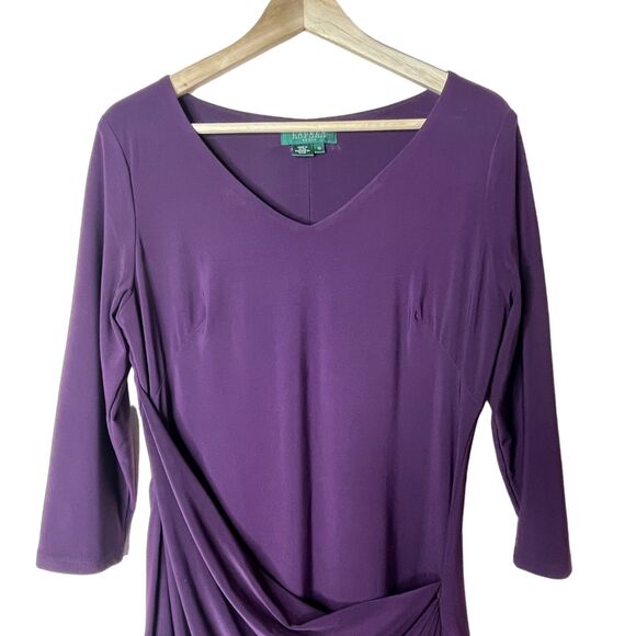 Lauren Ralph Lauren Purple Sheath Dress Sz 10 Faux Wrap V-Neck Midi 3/4 Sleeve - Picture 3 of 12